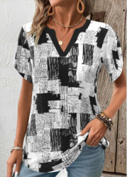 Modlily Black Split Geometric Print Short Sleeve T Shirt - M