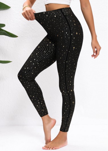 Modlily Black Star Print Skinny Elastic Waist High Waisted Pants - S