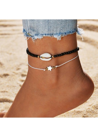 Modlily Black Star Seashell Detail Metal Anklet Set - One Size