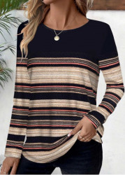 Modlily Black Striped Long Sleeve Round Neck T Shirt - S