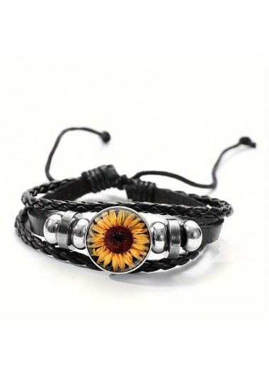 Modlily Black Sunflower Design Beaded Adjustable Bracelet - One Size