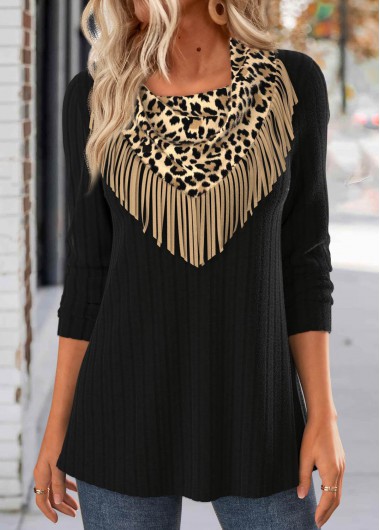 Modlily Black Tassel Leopard Long Sleeve T Shirt - S