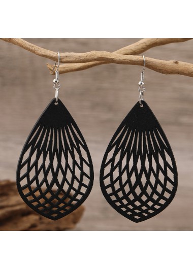 Modlily Black Teardrop Shape Hollow Wood Earrings - One Size