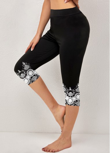 Modlily Black Tribal Print High Waisted Capri Leggings - L