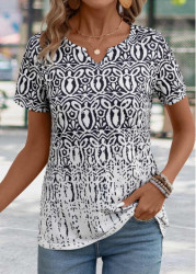 Modlily Black Tribal Print Short Sleeve Split Neck T Shirt - 2XL