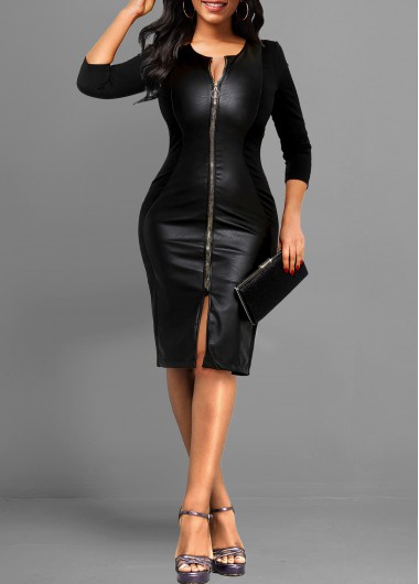 Modlily Black Vegan Leather Three Quarter Length Sleeve Dress - XL