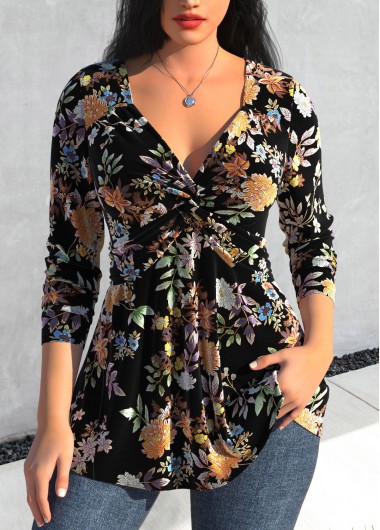 Modlily Black Velvet Floral Print Long Sleeve T Shirt - S