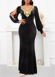 Modlily Black Velvet Long Sleeve V Neck Maxi Bodycon Dress - M