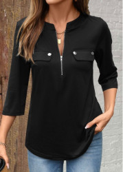 Modlily Black Zipper 3/4 Sleeve Split Neck Shirt - S