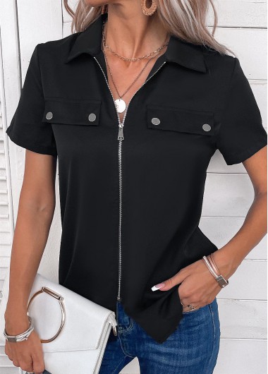 Modlily Black Zipper Short Sleeve Turn Down Collar Blouse - S