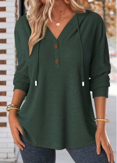 Modlily Blackish Green Button Long Sleeve Hoodie - S