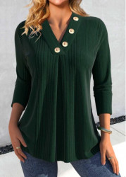 Modlily Blackish Green Button Long Sleeve V Neck T Shirt - S