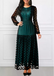 Modlily Blackish Green Button Polka Dot Long Sleeve Dress - S