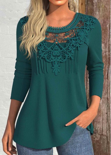 Modlily Blackish Green Patchwork Long Sleeve Round Neck T Shirt - S