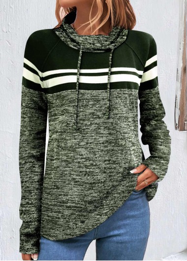 Modlily Blackish Green Patchwork Striped Long Sleeve Cowl Neck Sweatshirt - S