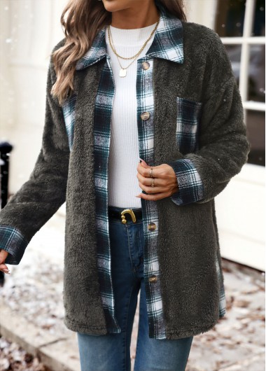 Modlily Blackish Green Plush Plaid Long Sleeve Coat - S