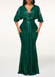 Modlily Blackish Green Sequin Half Sleeve Maxi Bodycon Dress - M