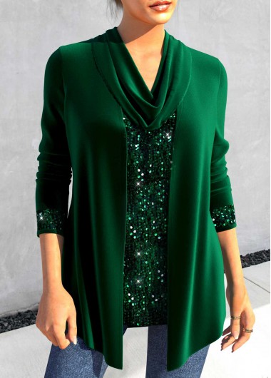 Modlily Blackish Green Sequin Long Sleeve Cowl Neck T Shirt - S