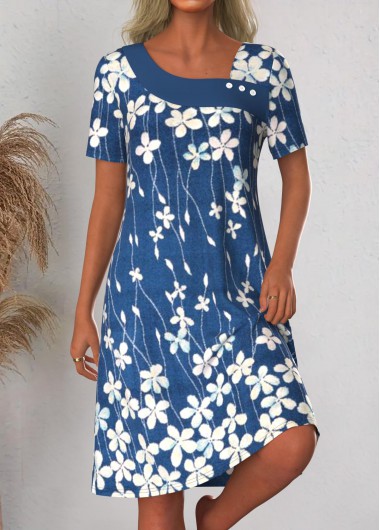 Modlily Blue Asymmetry Floral Print A Line Short Sleeve Dress - M