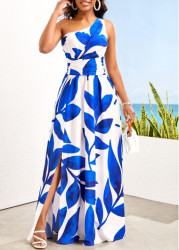 Modlily Blue Asymmetry Leaf Print Sleeveless Maxi Dress - XXL