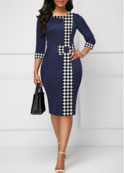 Modlily Blue Bowknot Plaid 3/4 Sleeve Bodycon Dress - M