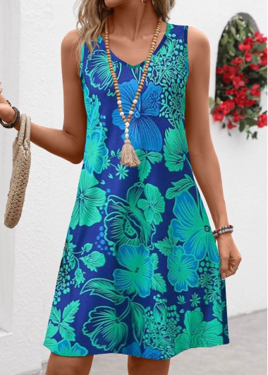 Modlily Blue Breathable Floral Print A Line Sleeveless Dress - S