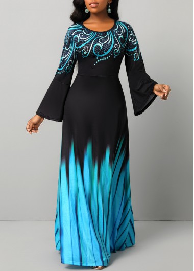 Modlily Blue Breathable Tribal Print Long Sleeve Maxi Dress - M