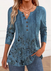 Modlily Blue Button Floral Print Long Sleeve T Shirt - S