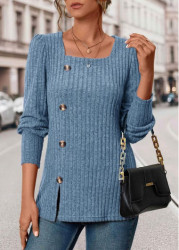 Modlily Blue Button Long Sleeve Square Neck T Shirt - S