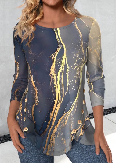 Modlily Blue Button Marble Print Long Sleeve T Shirt - S