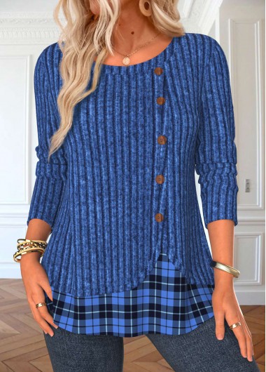 Modlily Blue Button Plaid Long Sleeve Round Neck T Shirt - S