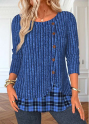 Modlily Blue Button Plaid Long Sleeve Round Neck T Shirt - S