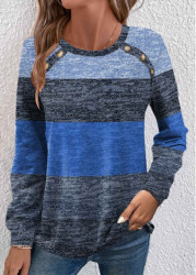 Modlily Blue Button Striped Long Sleeve Round Neck T Shirt - M