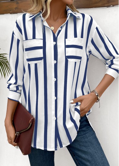 Modlily Blue Button Striped Long Sleeve Shirt - S