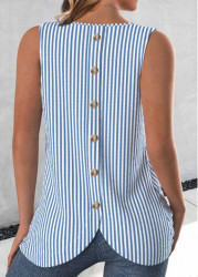 Modlily Blue Button Striped Sleeveless Round Neck Tank Top - S