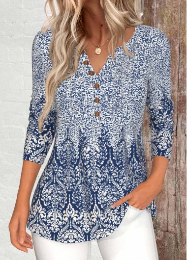 Modlily Blue Button Tribal Print Long Sleeve T Shirt - S