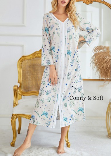 Modlily Blue Ditsy Floral Print Long Sleeve V Neck Nightdress - S