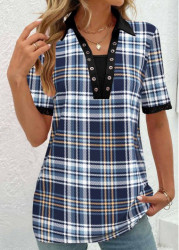 Modlily Blue Eyelet Plaid Short Sleeve T Shirt - M