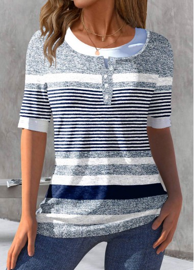 Modlily Blue Fake 2in1 Striped Half Sleeve T Shirt - S