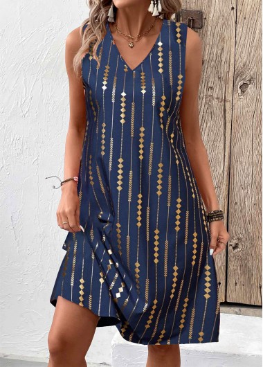 Modlily Blue Hot Stamping Geometric Print A Line Sleeveless Dress - S