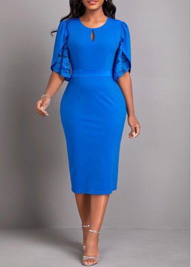 Modlily Blue Lace Half Sleeve Round Neck Bodycon Dress - XXL