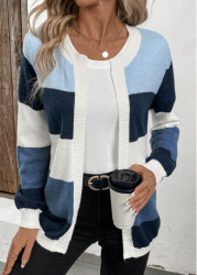 Modlily Blue Patchwork Design Long Sleeve Cardigan - L