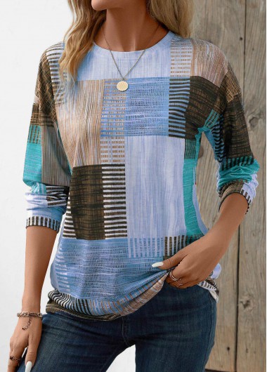 Modlily Blue Patchwork Geometric Print Long Sleeve T Shirt - S