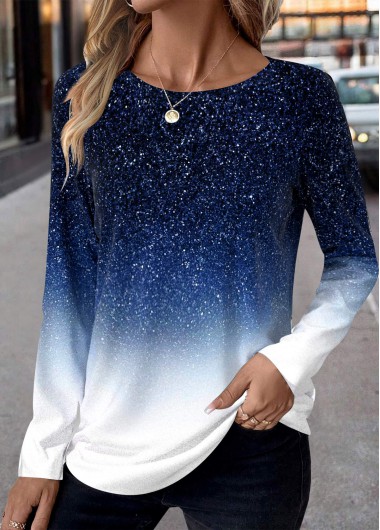 Modlily Blue Patchwork Ombre Long Sleeve Round Neck T Shirt - S