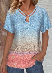 Modlily Blue Patchwork Ombre Short Sleeve T Shirt - S