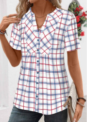 Modlily Blue Patchwork Plaid Short Sleeve Split Neck Shirt - S