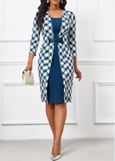 Modlily Blue Patchwork Plaid Three Quarter Length Sleeve Dress - XXL