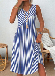 Modlily Blue Patchwork Striped A Line Sleeveless V Neck Dress - S