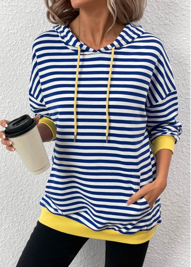 Modlily Blue Patchwork Striped Long Sleeve Hoodie - S