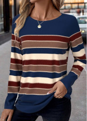 Modlily Blue Patchwork Striped Long Sleeve Round Neck T Shirt - S